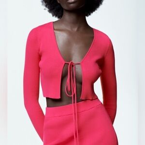 Zara Ribbed Tie Front Y2K Barbie Pink Cardigan Sweater